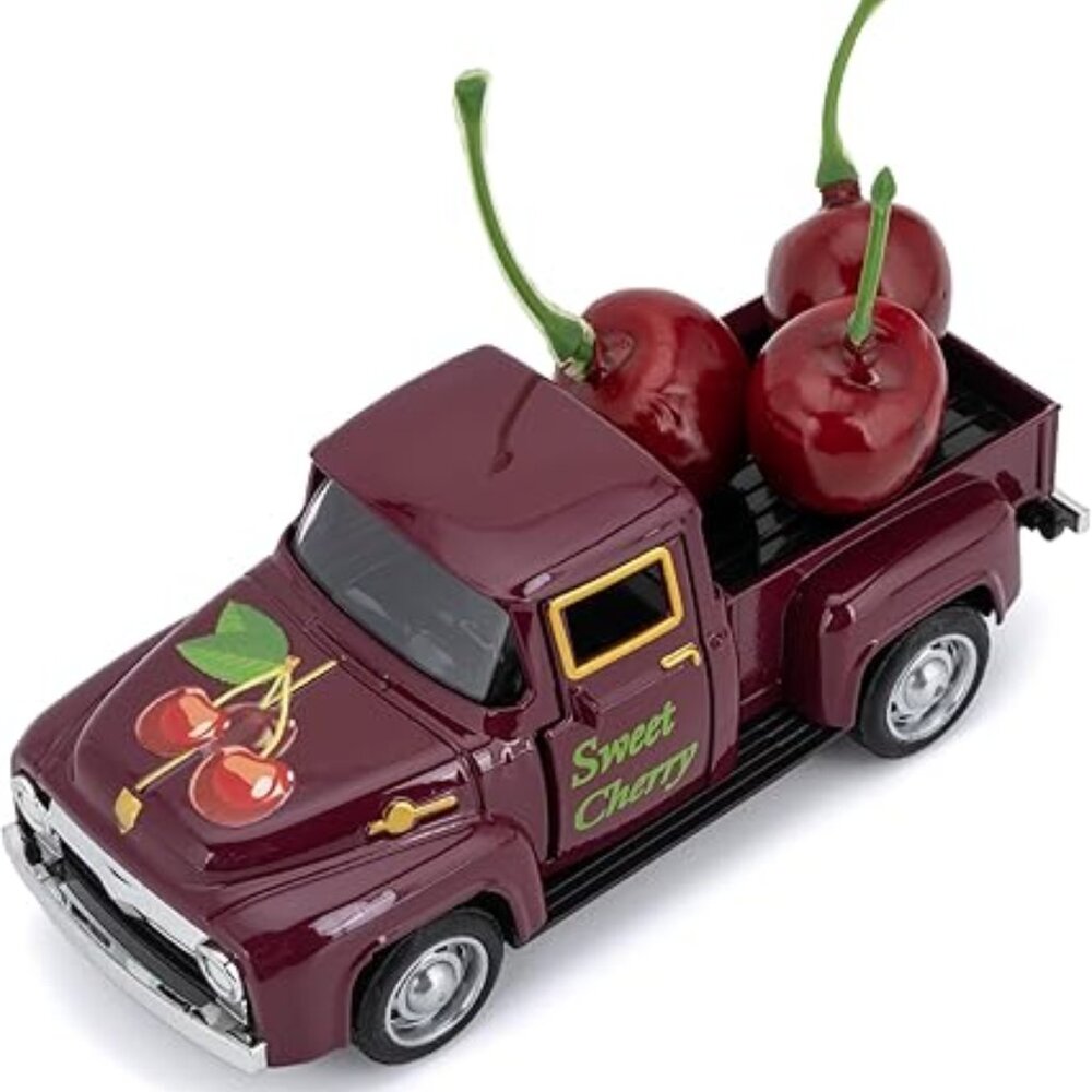 Cherry Theme Decor Vintage Metal Truck with Mini Fake Cherries Farmhouse Style T
